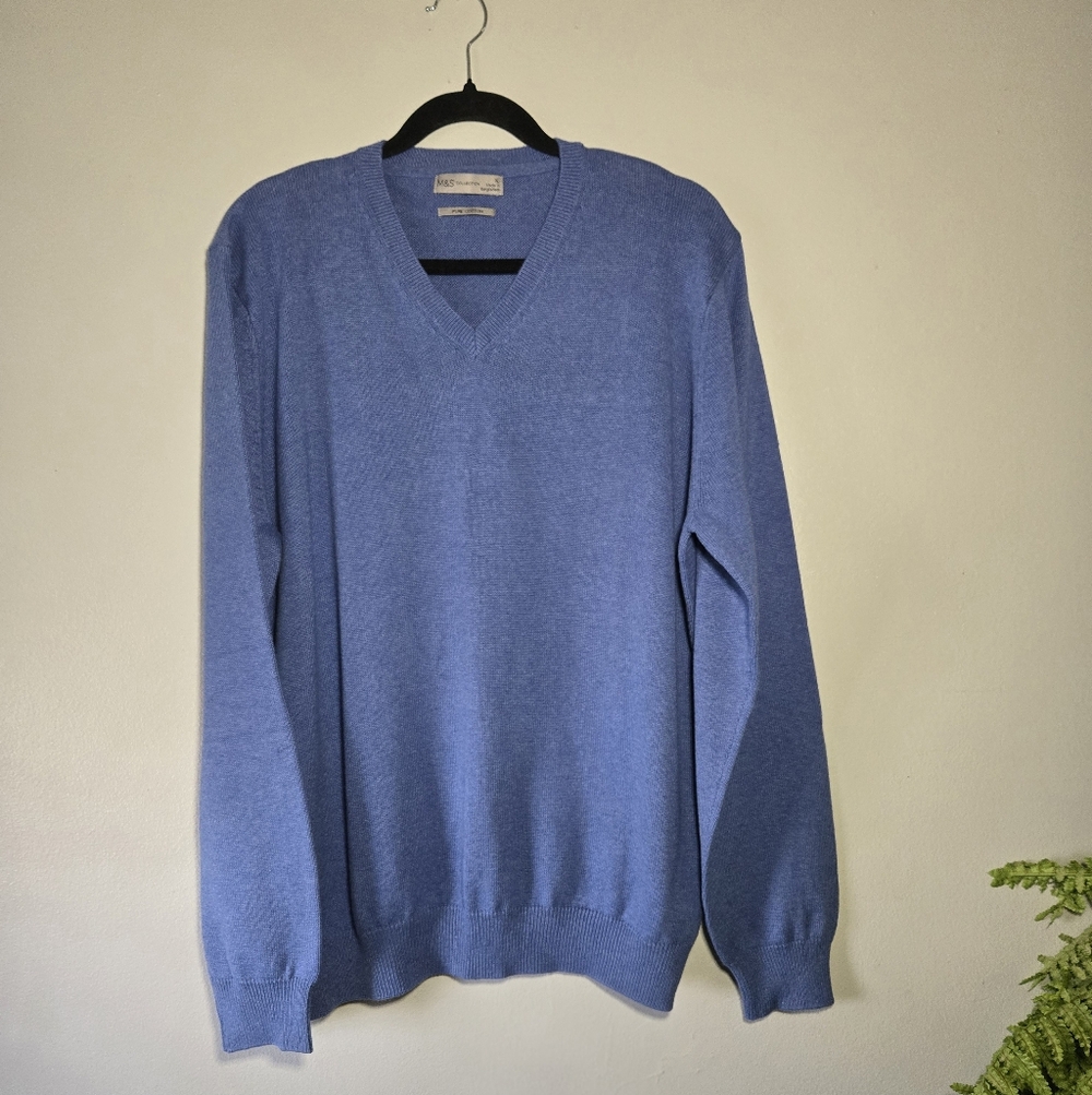 M&S Collection Pure‎ Cotton V-Neck Sweater Blue XL